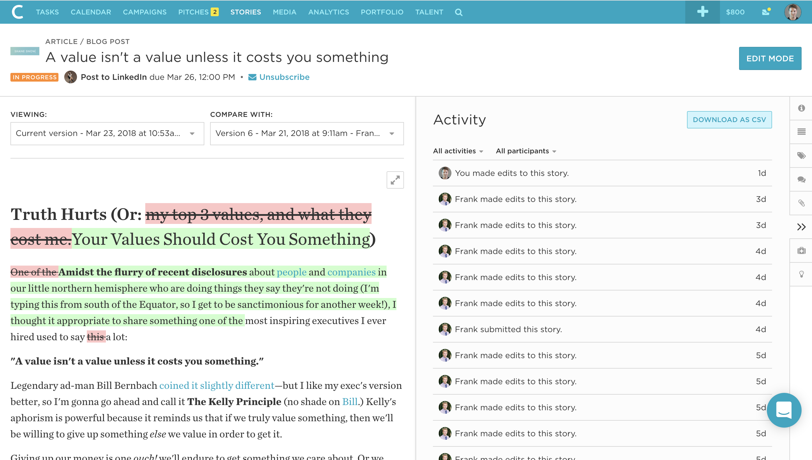 marketing blog draft in contently's platform editing dashboard