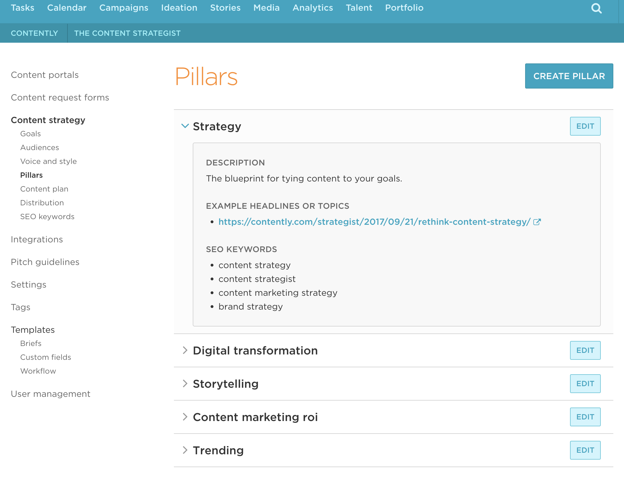 Contently topic pillars